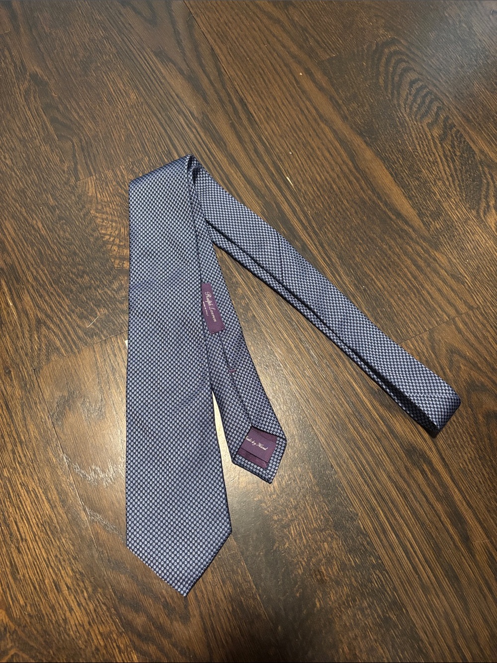 Ralph Lauren Navy and White Micro-Check 100% Silk Mulberry Purple Label Tie